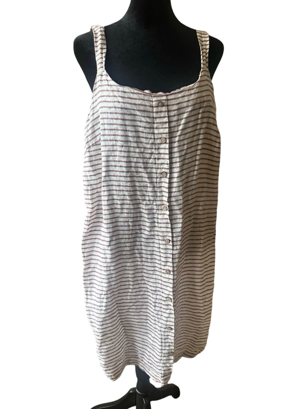 Striped Button-Front Sleeveless 100% Linen Dress Red, Cream Large YT3
